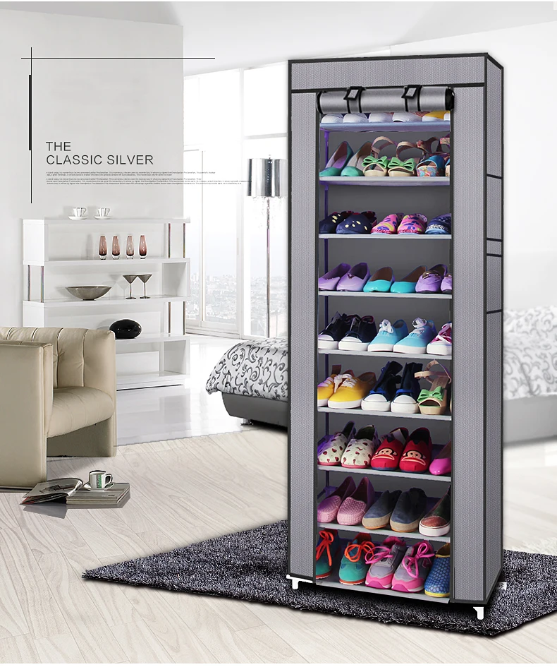 10-Layers 9 Lattices Shoe Rack with Dustproof Cover Shoe Shelf Storage Organizer Non-woven Fabric Shoe Rack Easy to Assemble