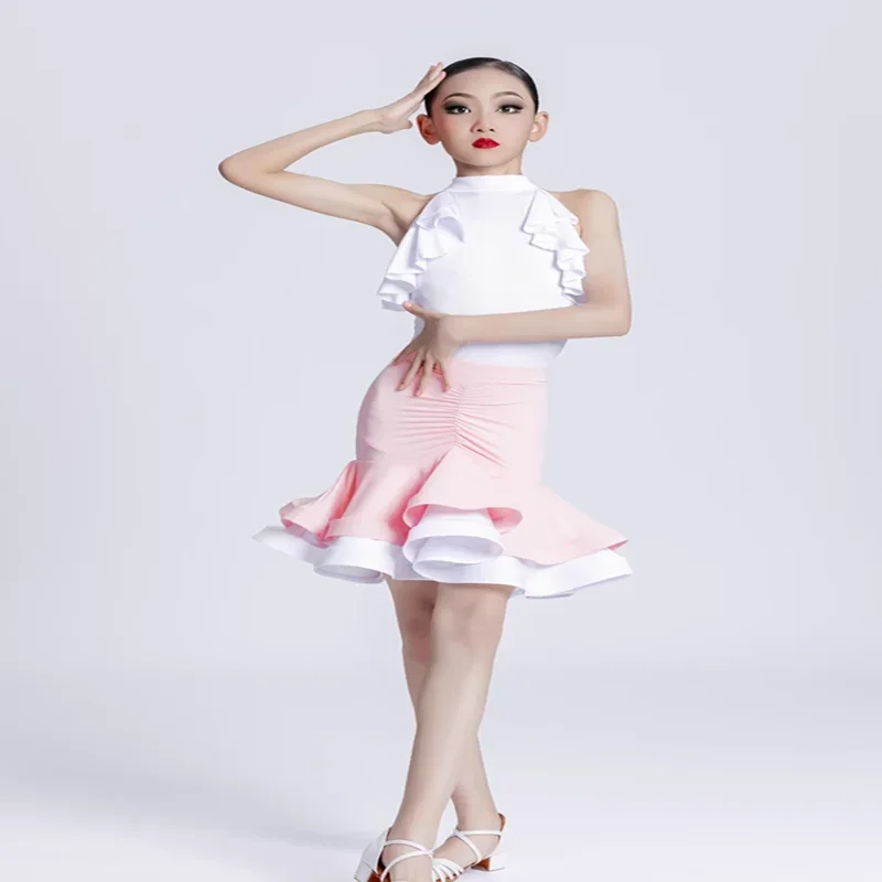 Traje de baile latino rosa, vestido de baile para niñas, vestidos de baile de Tango Cha Rumba, traje de actuación para niñas, ropa de práctica latina para niños