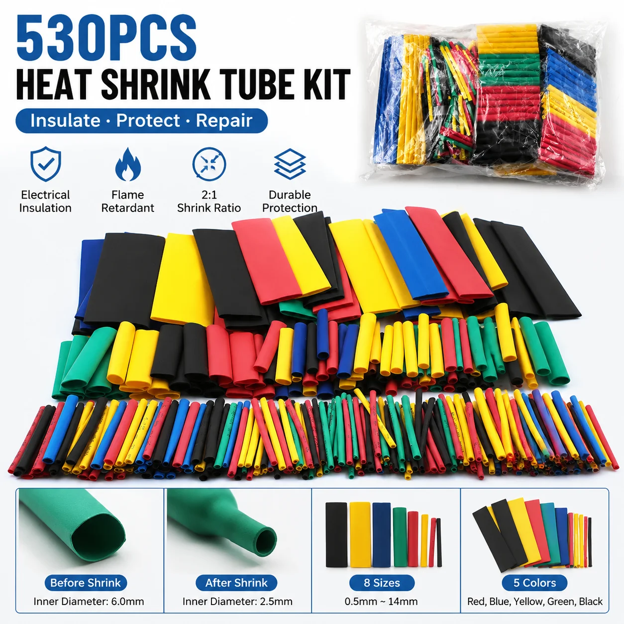 530Pcs Electrical tape Heat Shrink Tube Kit Shrinking Assorted Polyolefin Insulation Sleeving Heat Shrink Tubing Wire Cable