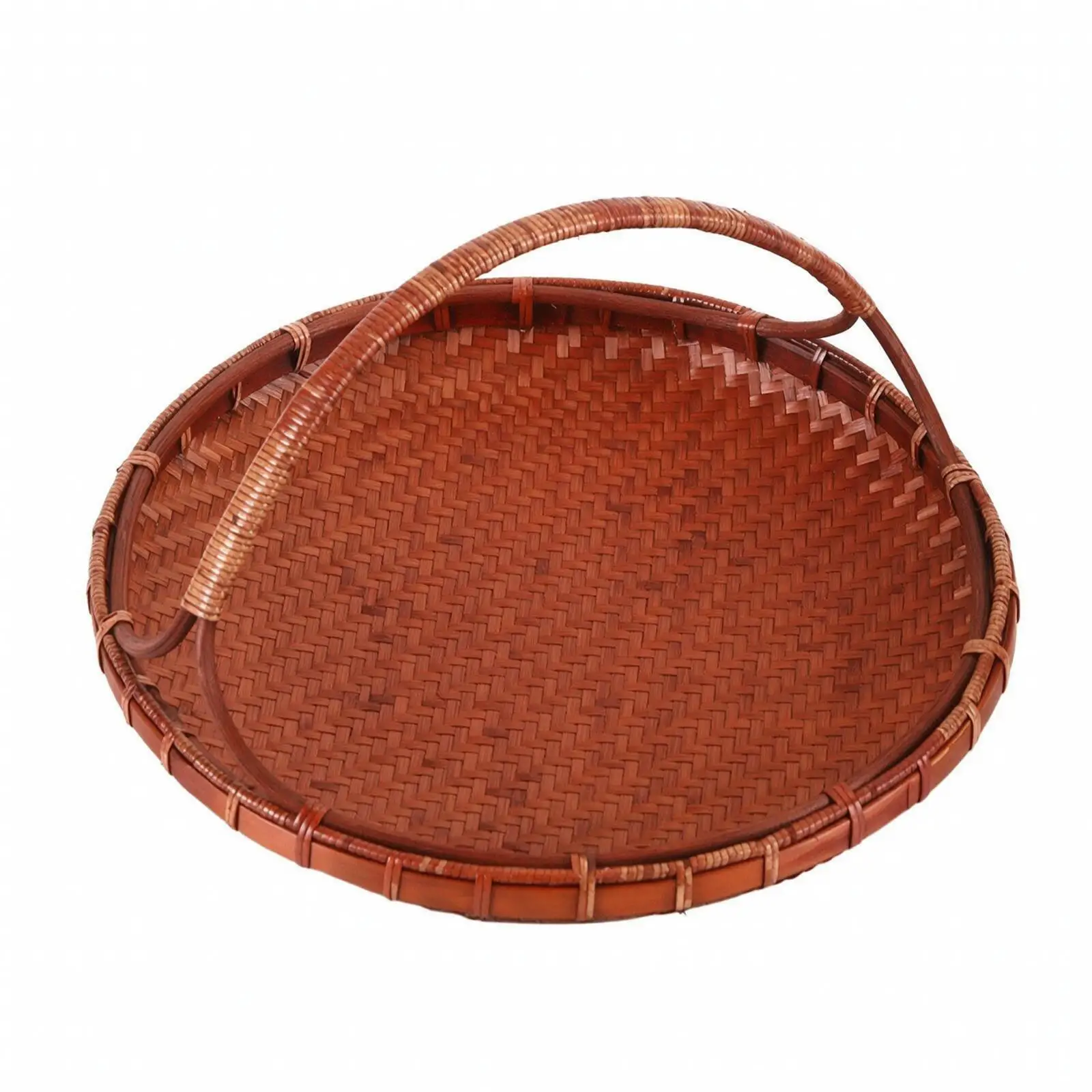 Classic Round Bamboo Serving Tray with Curved Handle for Tea Snacks Fruit and Decorative Home Accent