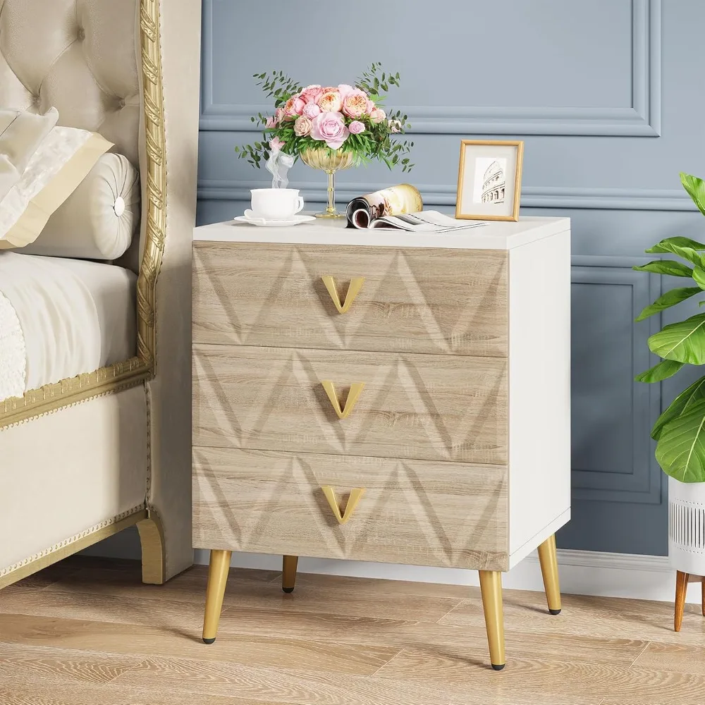 3-Drawer Nightstand Set of 2, Luxury Bedside Table End Table with Storage Drawers and Golden Legs, Modern Nightstand for Bedroo