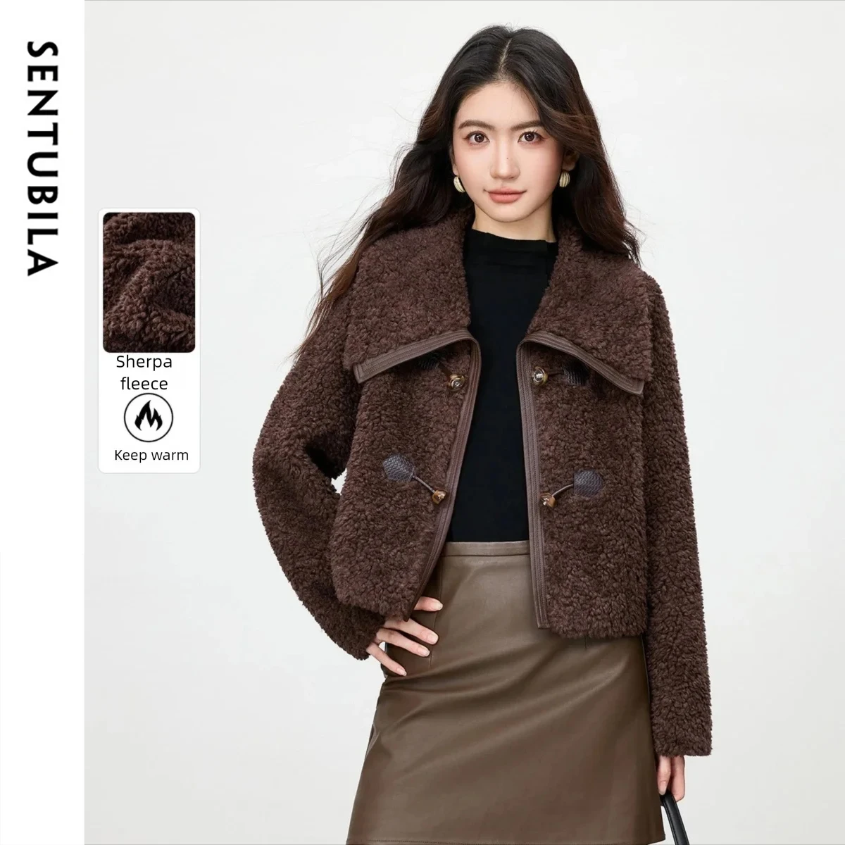 SENTUBILA Women's Granular Velvet Jacket 2026 Winter Wavy Texture Large Turn-Down Collar Warm Non Puffy Loose Fit Coat W54WJ4039