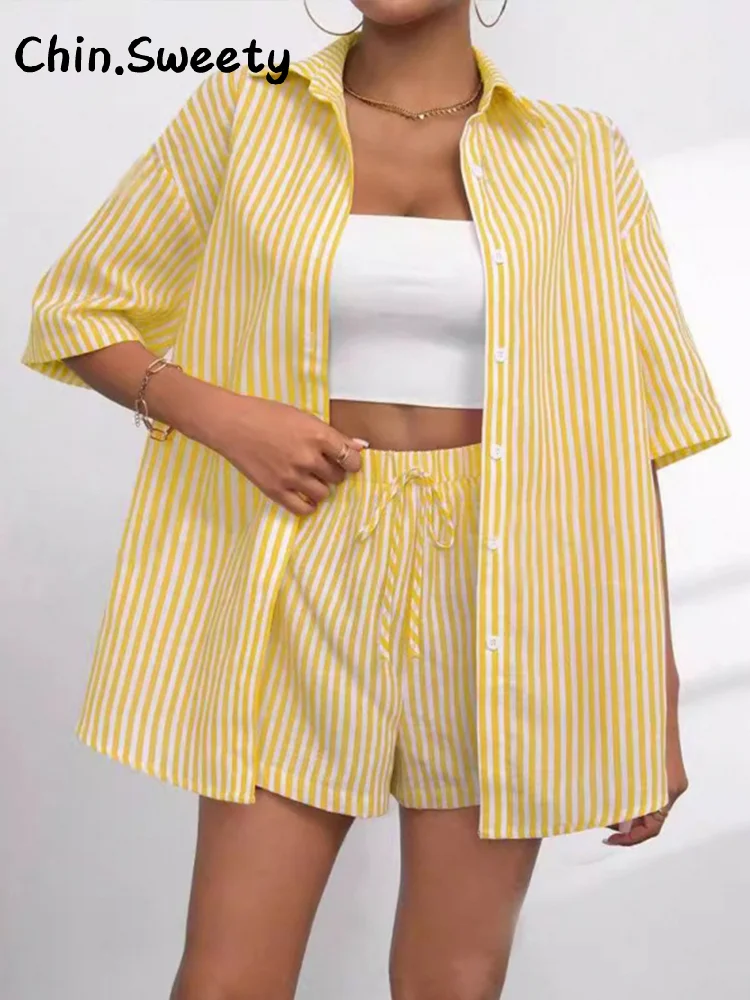 

Casual Striped Lace Up Shorts Set Women Loose Solid Lapel Single Breasted Shirt Low Waist Short 2025 Summer Lady Chic Streetwear