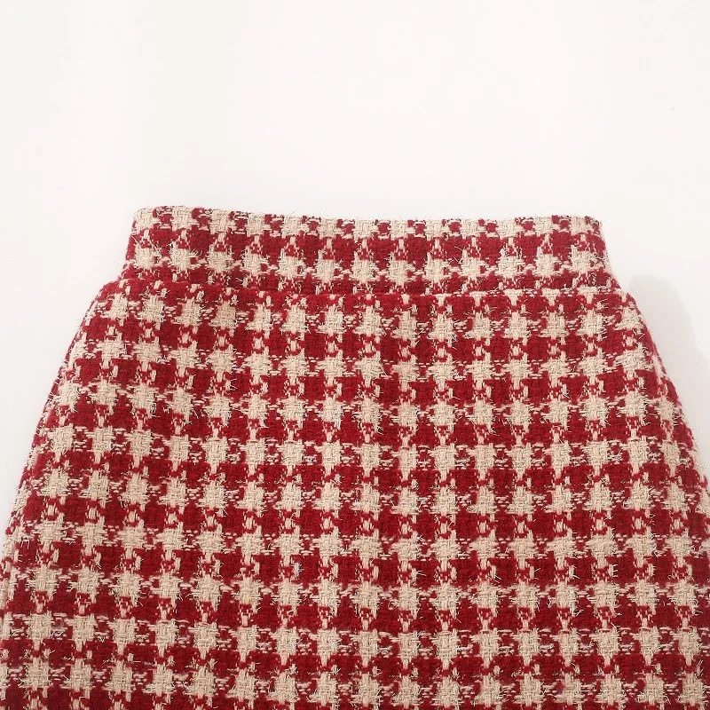 Girls Houndstooth Woolen Skirt Autumn Winter Fleece Lined High Waist A-Line Red Plaid Short Skirt Christmas Skirt Size 110-160cm