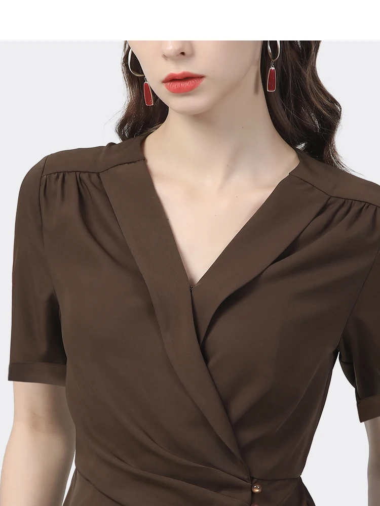 Fashion Slim Women\' Short Sleeve Lapel Collar Irregular Shirt Office Ladies Spring Summer Tops Chic Female Brown Small Shirt