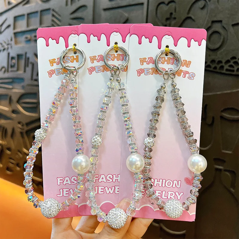New White Crystal Pearl Bead Phone Chain On The Phone Short Wrist Rope Clip Outdoor Loss Prevention Pendant for All Phone Cases