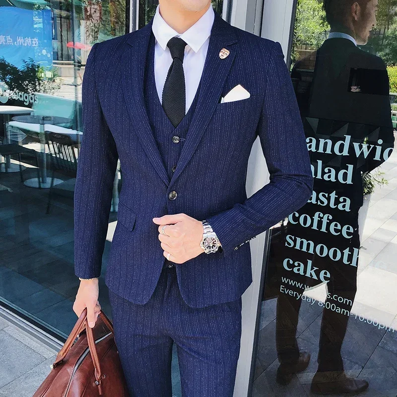 Blue Men Classic Striped/Checked Suits, Asian Size Slim Fit Business Office 3-Piece Sets, Black/Gray and Red Available.