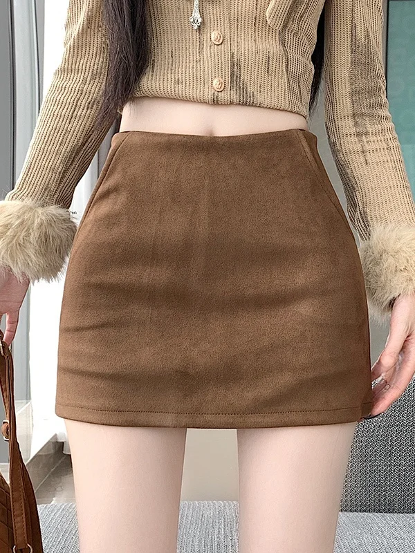 Caramel Suede  Skirt High Waist Women's Autumn Winter Slimming A-Line Short Skirt Anti-Light Walking Skirt