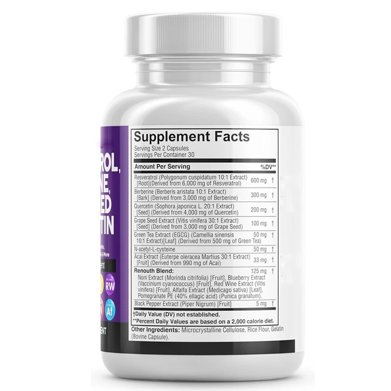 Resveratrol grape seed extract,Quercetin green tea extract,N-acetylcysteine, Acai berry extract 60 capsules vegetarian capsules