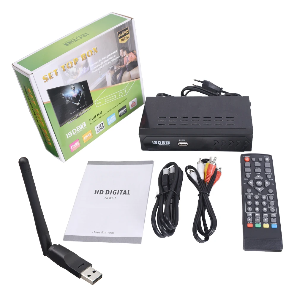 for Chile Set Top Box Terrestrial Digital Video Broadcasting TV Receiver ISDB-T 1080P HD with HDMI RCA Interface Cable EU Plug