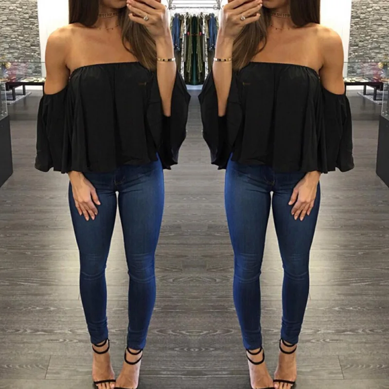 European and American summer one shoulder half sleeve chiffon sexy temperament top loose leisure T-shirt women's clothing