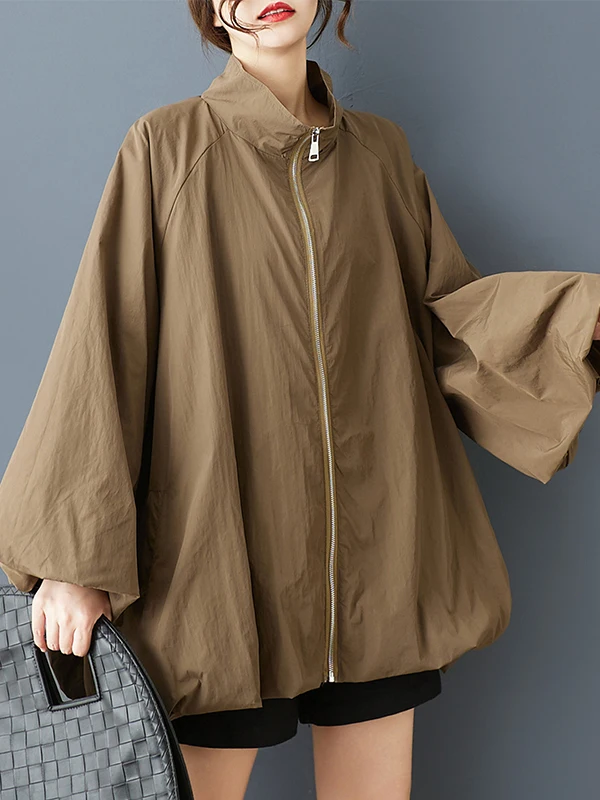 

Fashionable Hong Kong Style Women's Windbreaker Coat Spring Autumn Loose Fit Bubble Sleeve Versatile Outerwear Single Piece