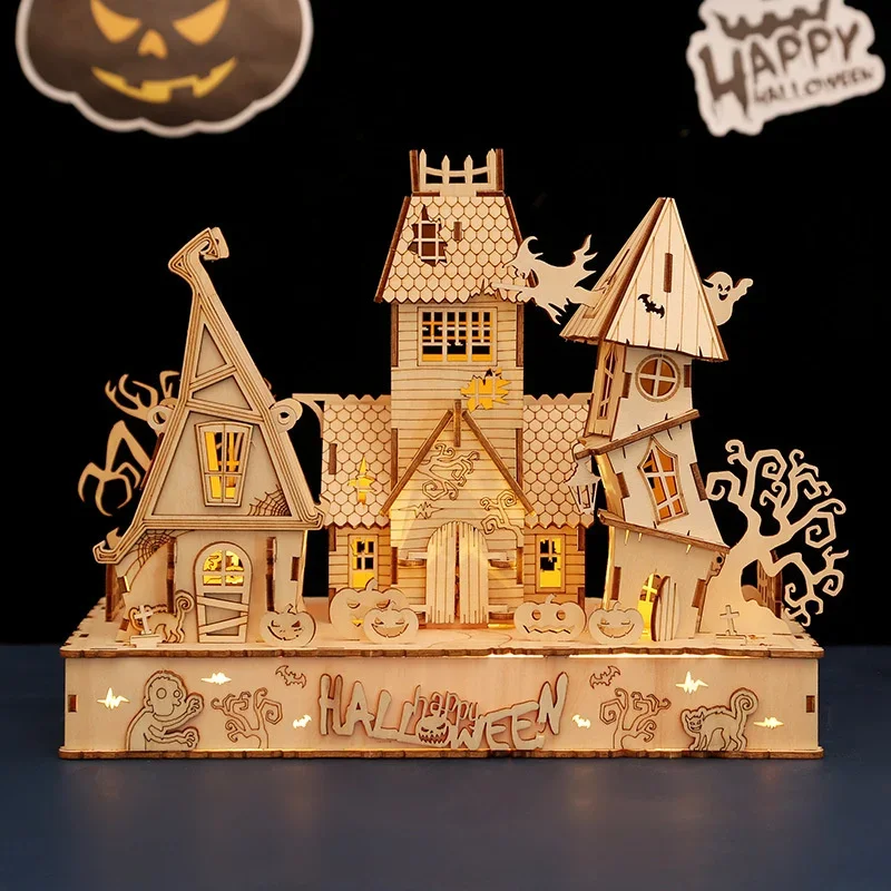 Jouets d'Halloween 3D maison en bois Puzzle bricolage Kit de Puzzle jouets pour enfants Miniature bricolage maison avec Kit de modèle de lampe