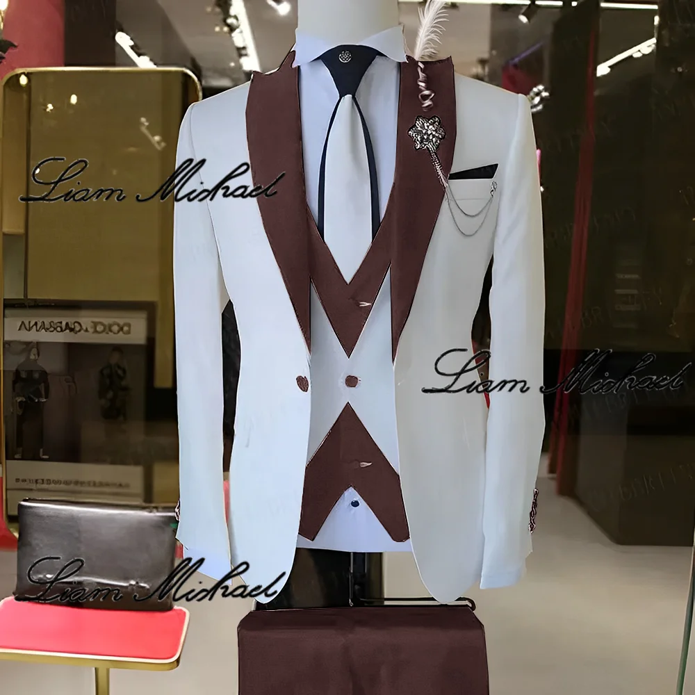 Elegant 3-piece Men\'s Suit Fashionable Jacket Pants and Vest Wedding Groom\'s Tuxedo white Jacket with Green Custom Suit