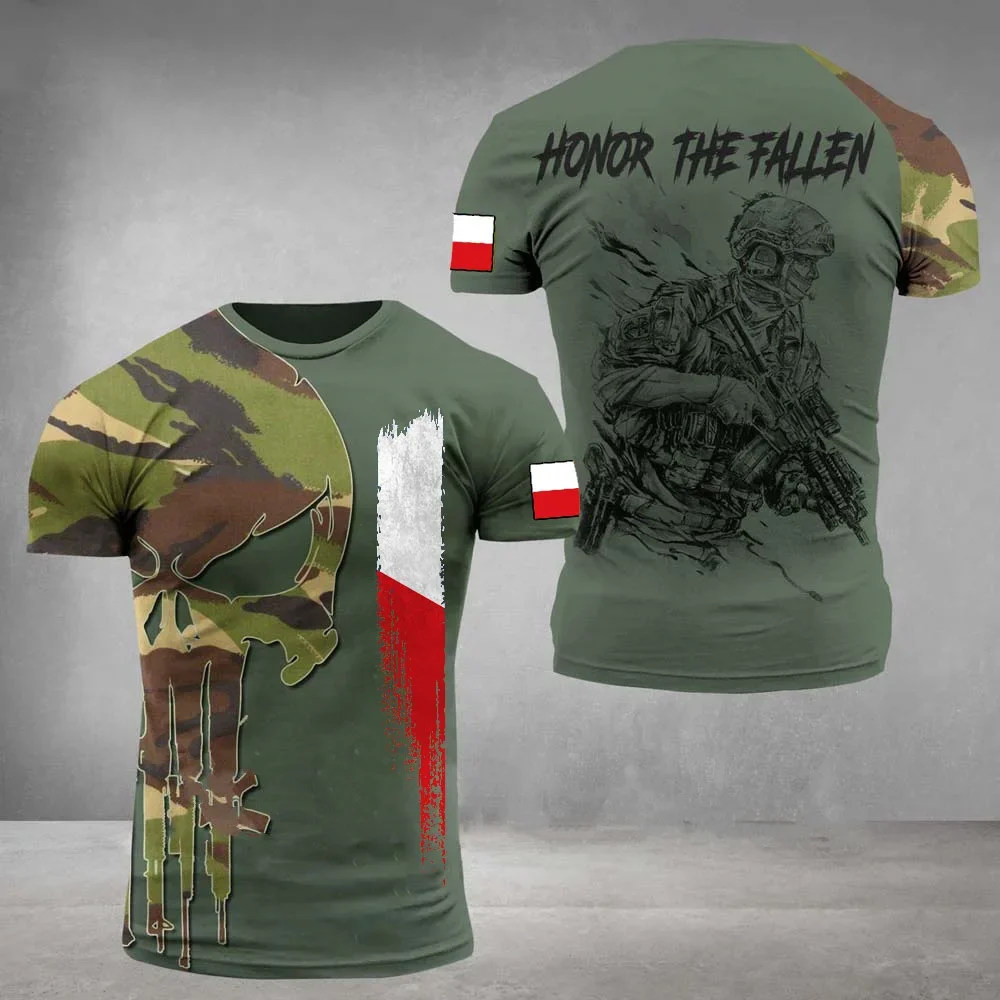 

2025 Trendy Summer Men's Wear Polish Soldiers Army Veterans Flag Fashion 3D Printed T-shirt Round Neck Casual Short Sleeve