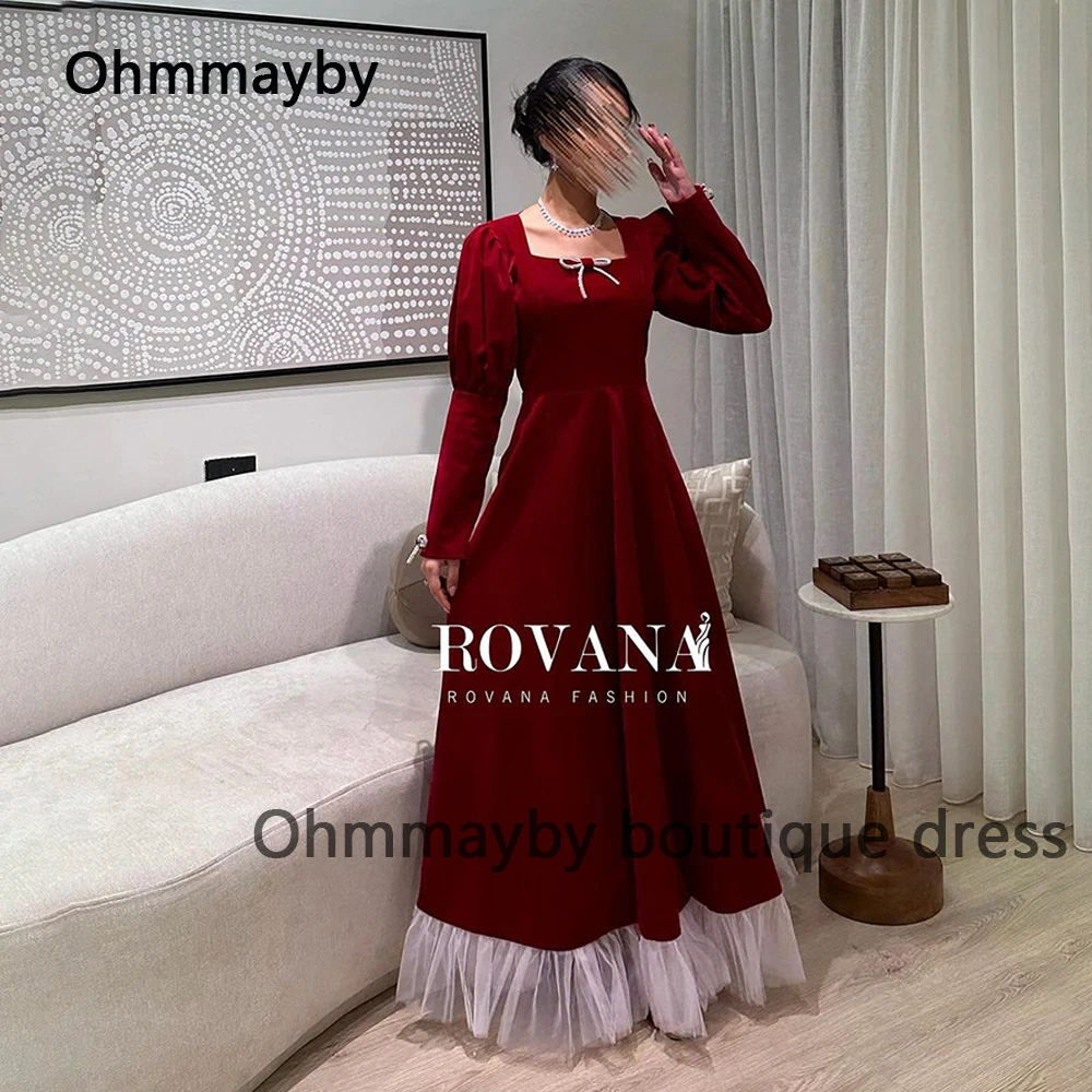 

Red Evening Dresses Long Sleeve Square Neck A Line Wedding Prom Dress Floor Length Arabain Dubai Formal Occasion Gowns 2024