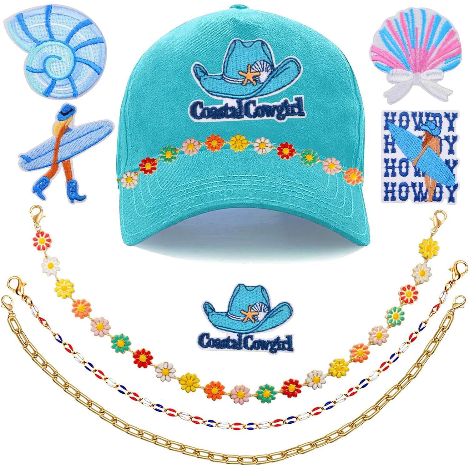 

Набор аксессуаров для кепок, 8 предметов: 5 синих термоклеевых нашивок (ракушки, для серфинга, в стиле ковбойский), 3 цепочки для кепок-тракеров