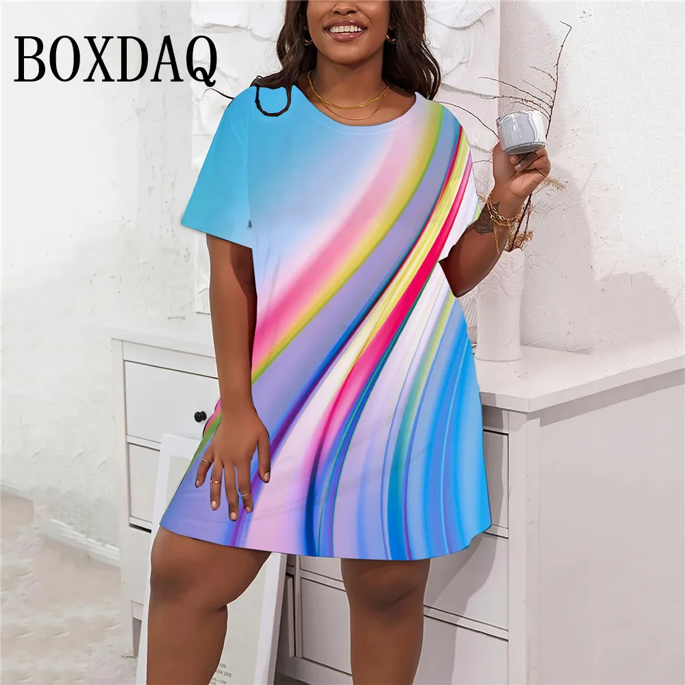 Tie Dye Painted 3D Print Gradient Dress For Women Streetwear Casual Short Sleeve Summer Fashion O-Neck Dress Sundress Plus Size