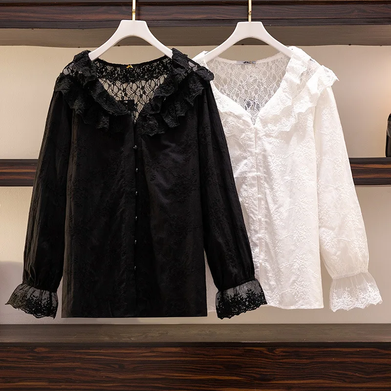 150Kg Plus Size Women's Bust 153 Spring Loose Embroidery Hollow Lace Shirt Ruffle Lantern Sleeve Top 5XL 6XL 7XL 8XL 9XL