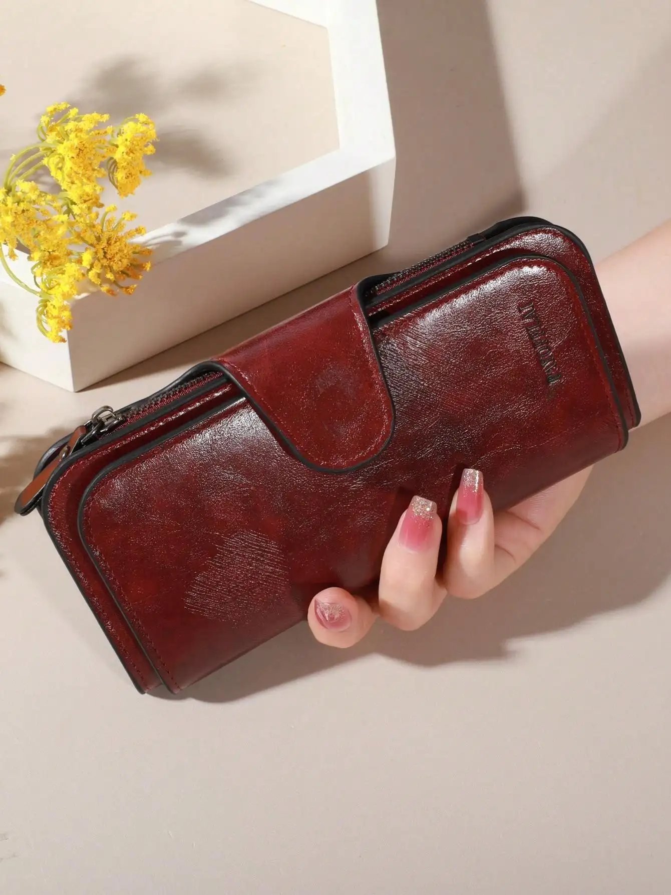 

New Style Long Wallet Women Leather Clutch Purse Minimalist Oil Wax Solid Color Birthday