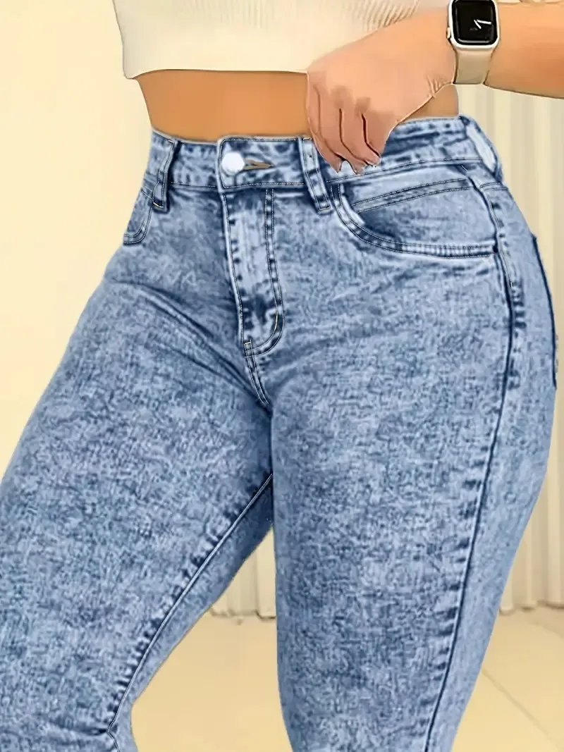 Vaqueros informales de cintura alta para mujer, elásticos, ajustados, con levantamiento de glúteos, pies ajustados, lavado simple a la moda, copo de nieve, nueve puntos