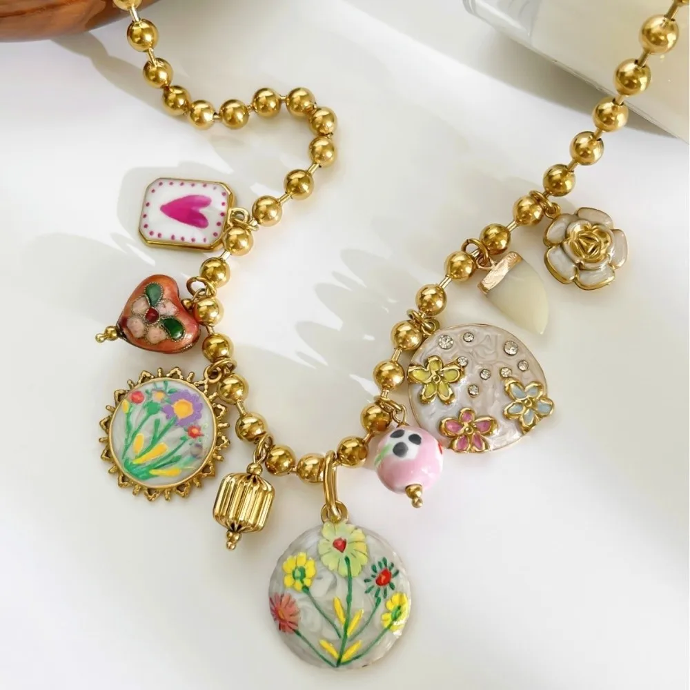 Enamel Ceramic Multiple Pendant Flower Metal Bead Chain Beads Stainless Steel Adjustable Pendant Choker Necklaces For Women