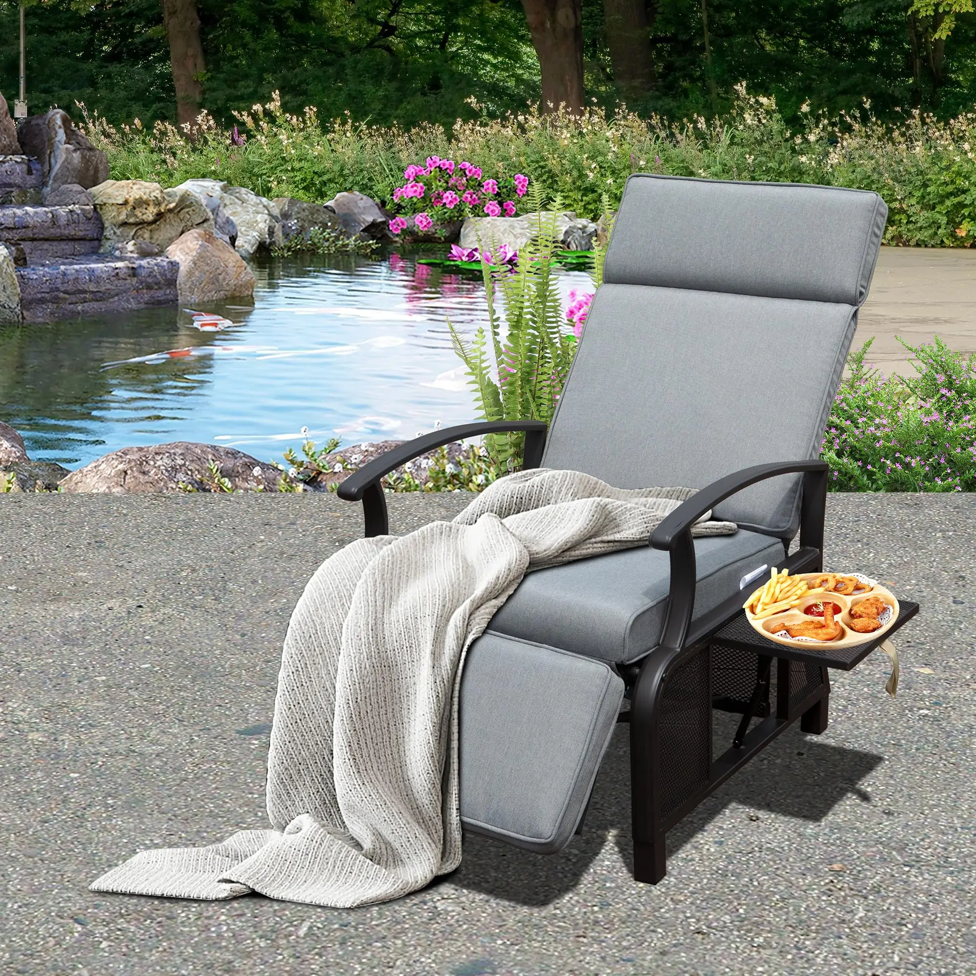 ！@Outdoor Patio Recliner Chair With Flip Table Push Back  Adjustable Angle Removable Cushions Metal Lounge Chair