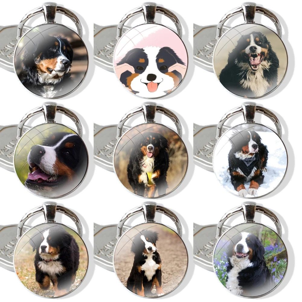 Keychain Handmade Glass Cabochon Key Ring Holder Pendant Key Chains Bernese Mountain Dog Fashion Design Creative Cartoon