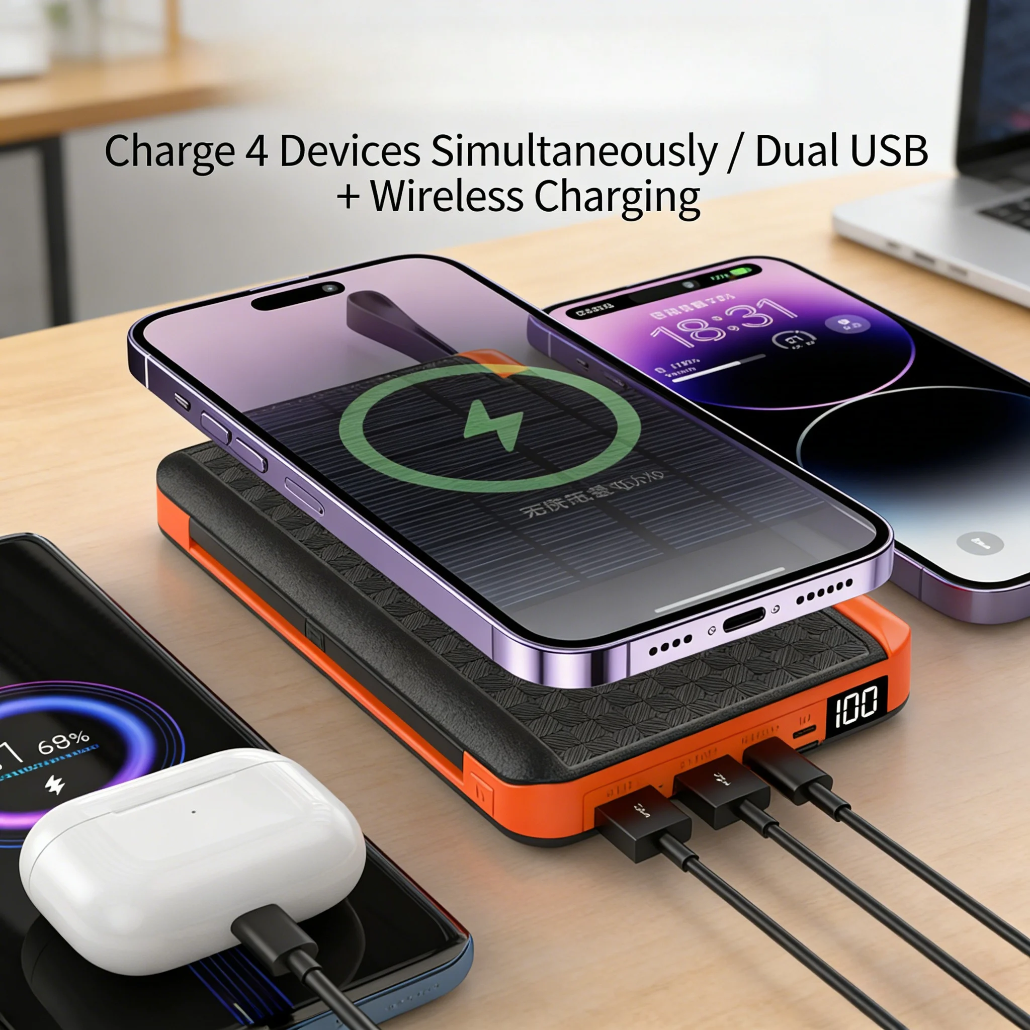 

20000mAh Solar Power Bank with Foldable Panel&Wireless Charging High Capacity Outdoor Portable Charger for Smartphones/Tablets
