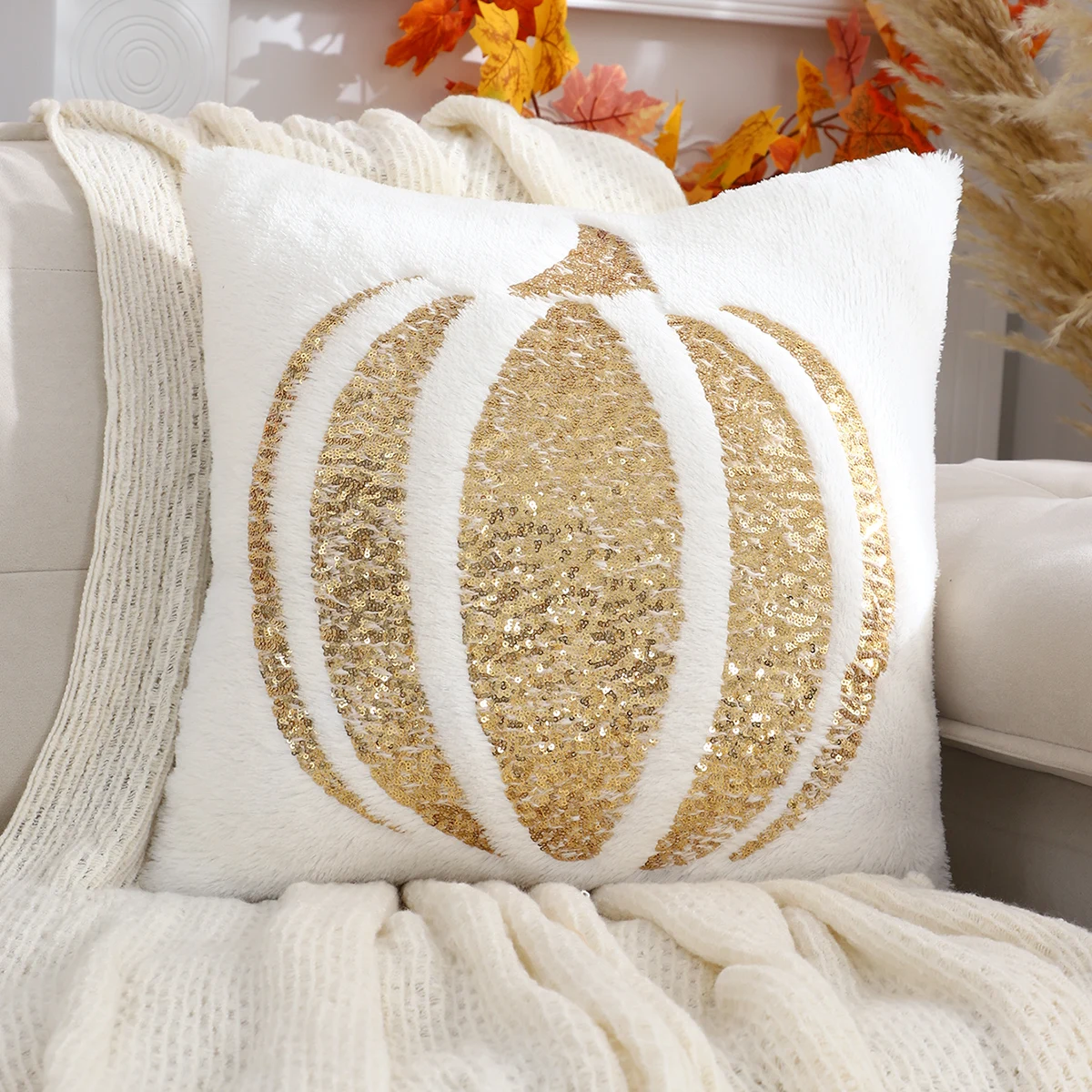 1-Pack Halloween Kürbis Plüsch Kissen bezüge mit Pailletten stickerei, 18x18 Zoll-perfekt für Herbst & Winter Wohnkultur