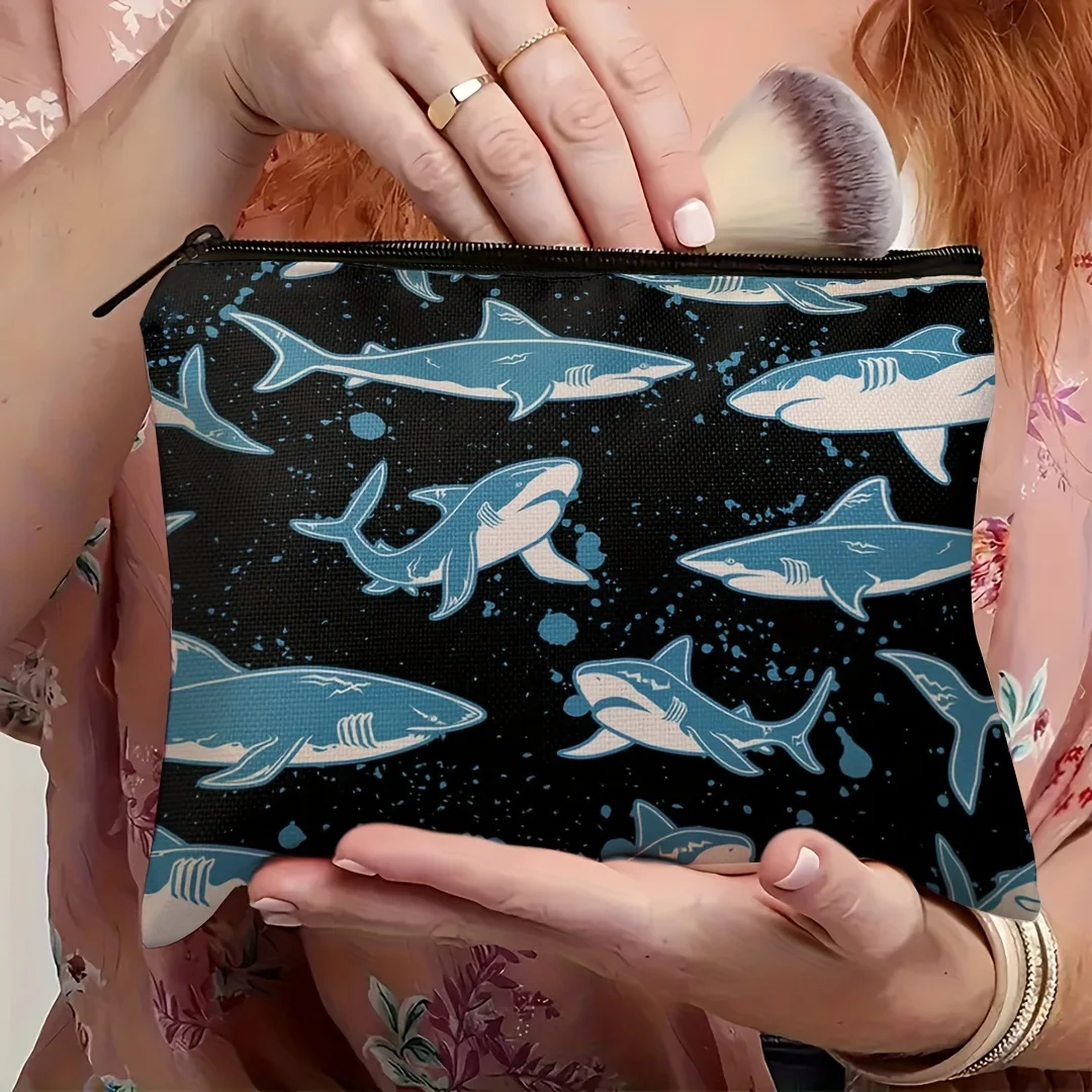 Ocean-Inspired Shark-Themed Large Capacity Makeup Bag - Durable Polyester Scent-Free Cosmetic Organizer For Travel Vacation