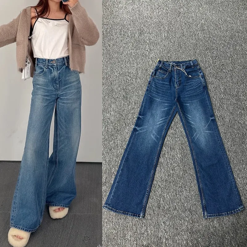 

Женские прямые джинсы с высокой талией из хлопкового денима, синие, в пол, эластичные, стройнящие, весенне-летние, повседневные брюки