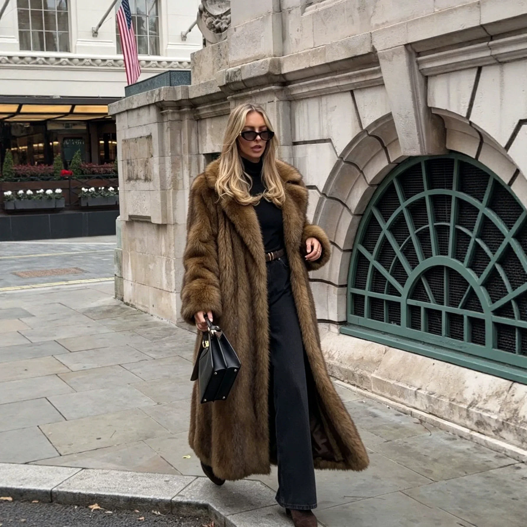 KIDCRKJ Brown Faux Fur Overcoat Women Casual Luxury Lapel Long Sleeve Fluffy Coat Winter Female Thicken Warm High Street Outwear