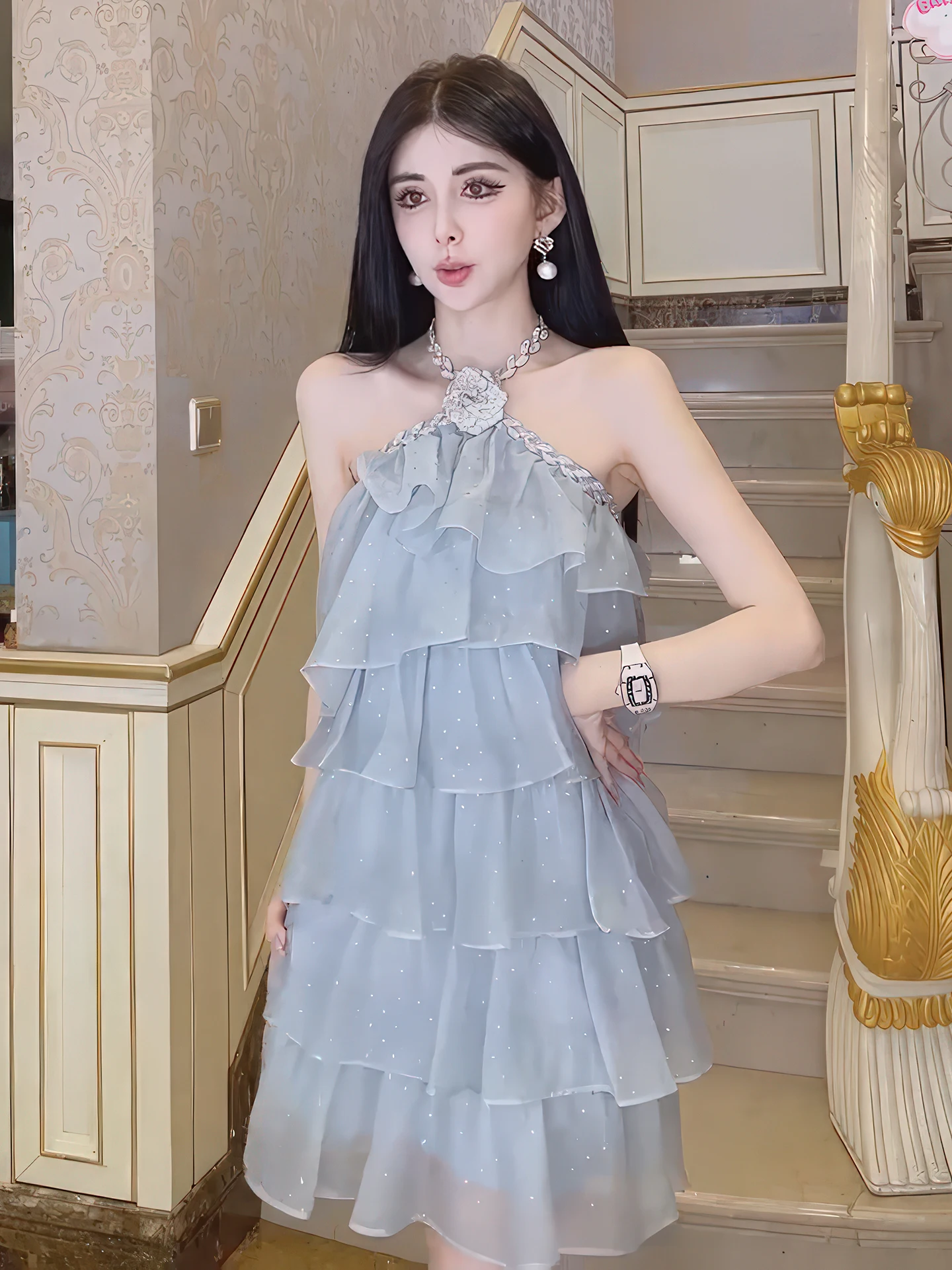 

Лето 2025: Новая модная женская синяя кружевная блузка с вставками и отделкой по низу, с дизайном на завязках на шее, в корейском стиле, с завышенной талией, А-силуэт