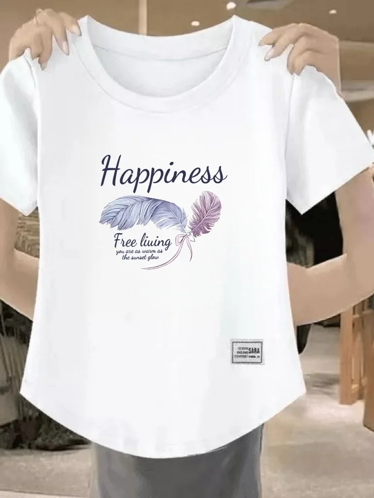 

Fashionable round Neck Short Sleeve T-Shirt Women's Loose Fit Letter Print Top Elegant Versatile Summer Style Elderly Women's...