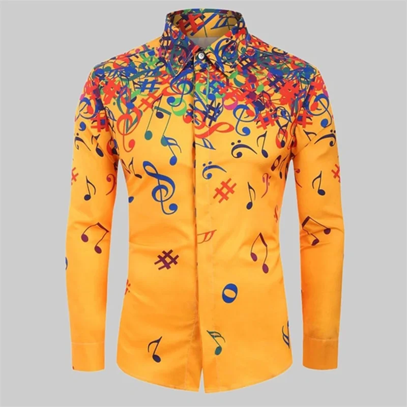 Casual Slim Fit Street Music Note Printed Shirts Black Lapel Button Men\'s Long Sleeve Shirt Fashion And Simple Men\'s Clothing