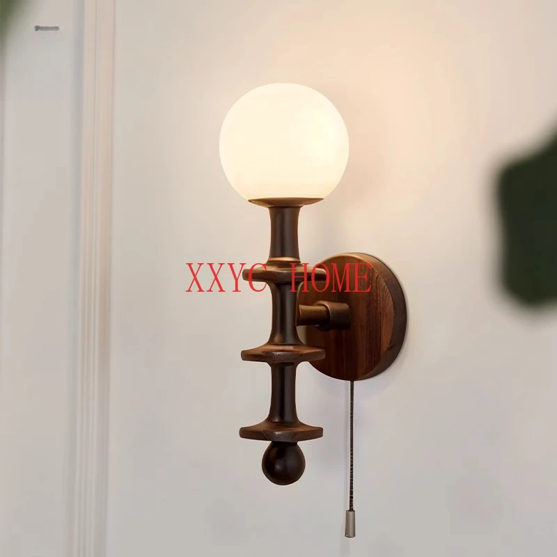 

Solid Wood New Chinese Bedroom Bedside Lamp American Retro Living Room Pull Switch Wall Light Bulb