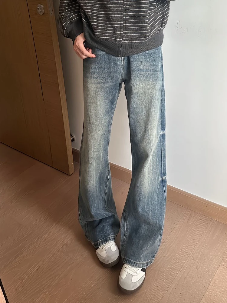 

Blue Bamboo Bud Pattern Men's Jeans High Street Vibe Flared Pants Leg Lengthening mid Waist Straight Cut Casual Wear