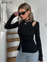 Mnealways18 Irregular Black Ribbed Knitwear Women Tees Women Hollow Out Slim O-Neck Long Sleeve Pullover Tops Office Ladies 2024