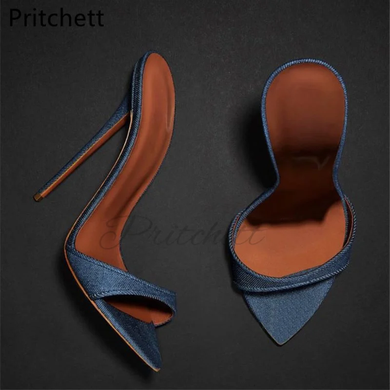 

Blue Denim Thin Heels Women's Slippers Ponted Toe Stiletto High Heeled Sandals Open Toe Summer Shoes Fashion Party Catwalk Shoe