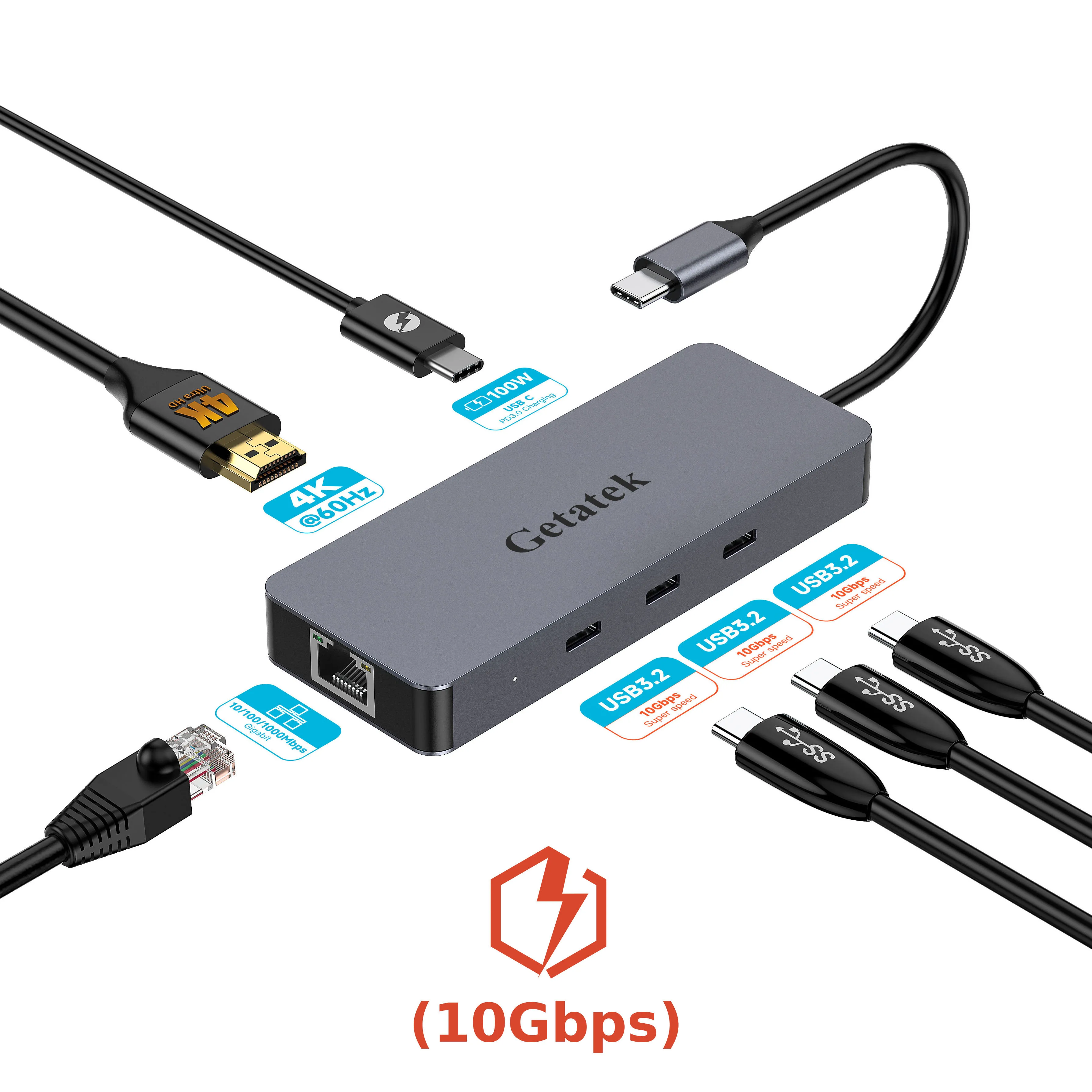 GETATEK 6IN1 USB C HubประเภทC 3.2 10Gbps HDMI 4K60Hzพอร์ตEthernet PD 100Wอะแดปเตอร์สําหรับMacbook Pro USB 3.2 Hubแล็ปท็อปแท็บเล็ต