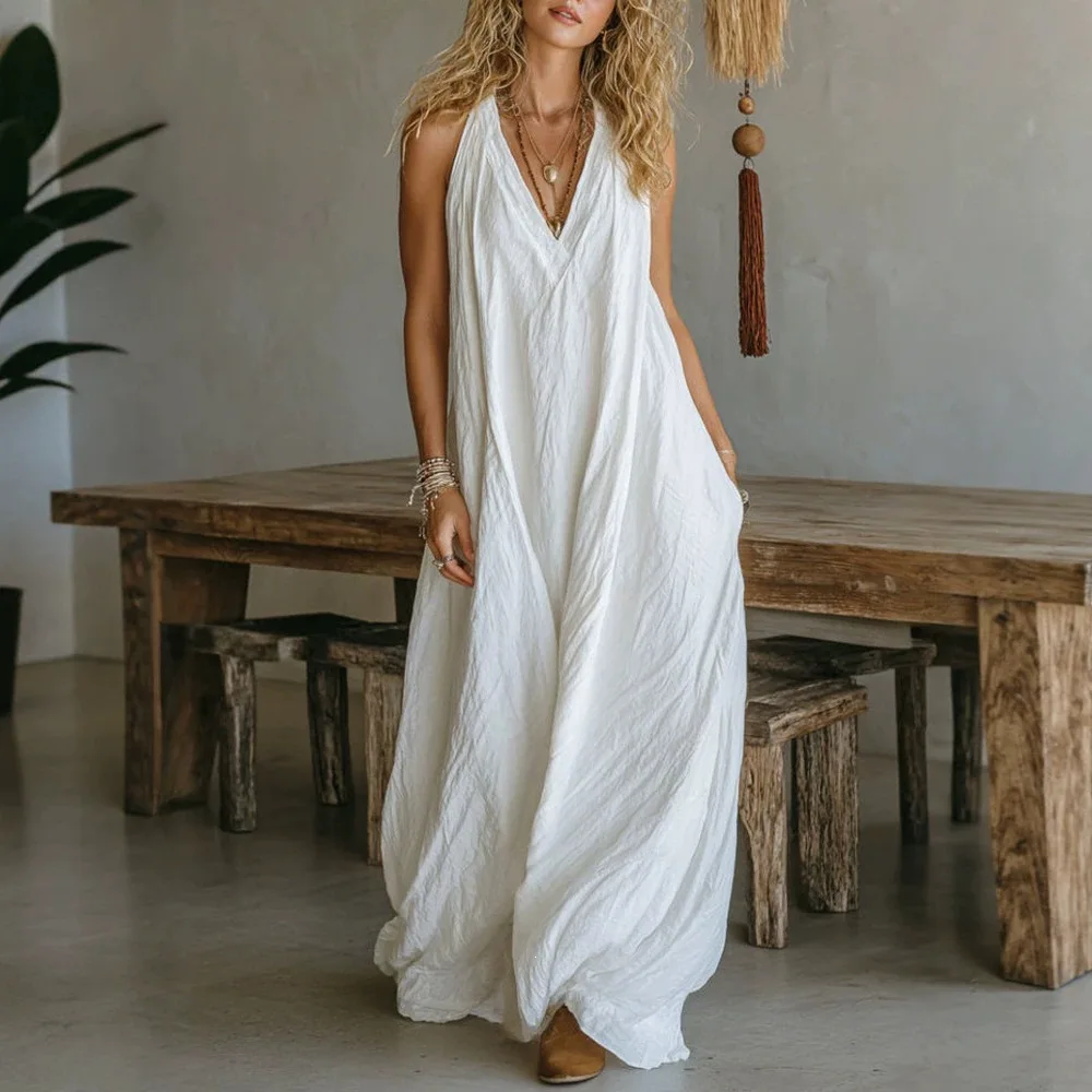 

Women's Dress 2026 Spring Summer New Solid Color Halter Deep V-Neck Sleeveless Loose Pocket Design Casual Long Dress