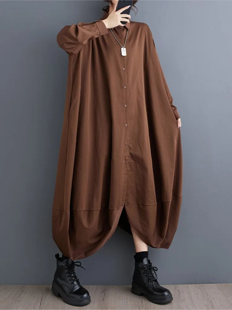 เดรสเชิ้ตแขนยาวทรงหลวมสไตล์สปริงสำหรับผู้หญิง แฟชั่นลำลอง ทรงไม่สมมาตร