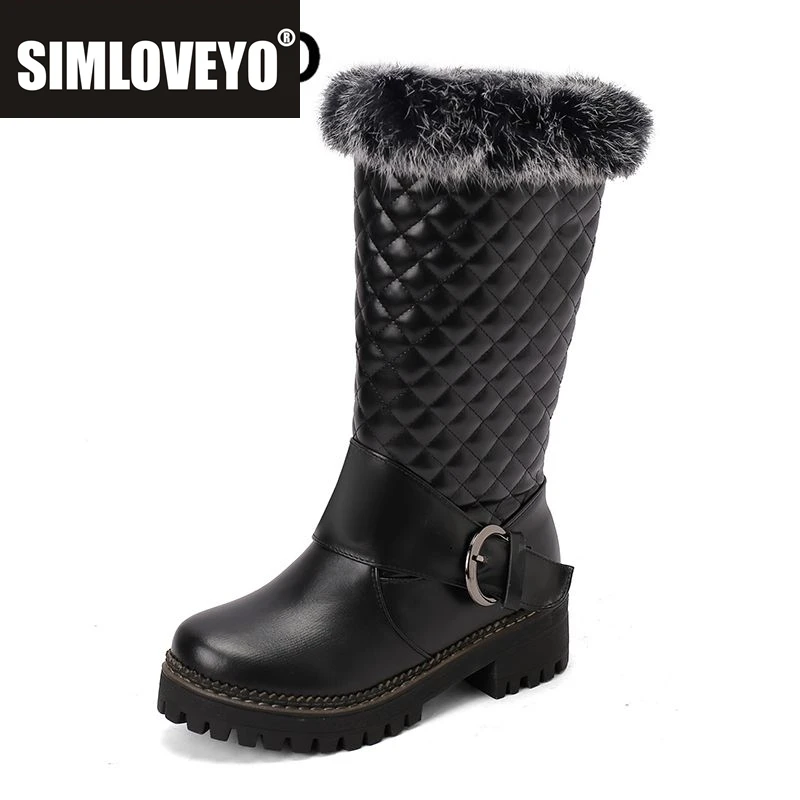

SIMLOVEYO Модные ботинки на зимнем меху, теплые уличные противоскользящие ботинки с острым носком и квадратным блочным каблуком, 6 см, большие размеры 44 45 46 до середины икры Bota