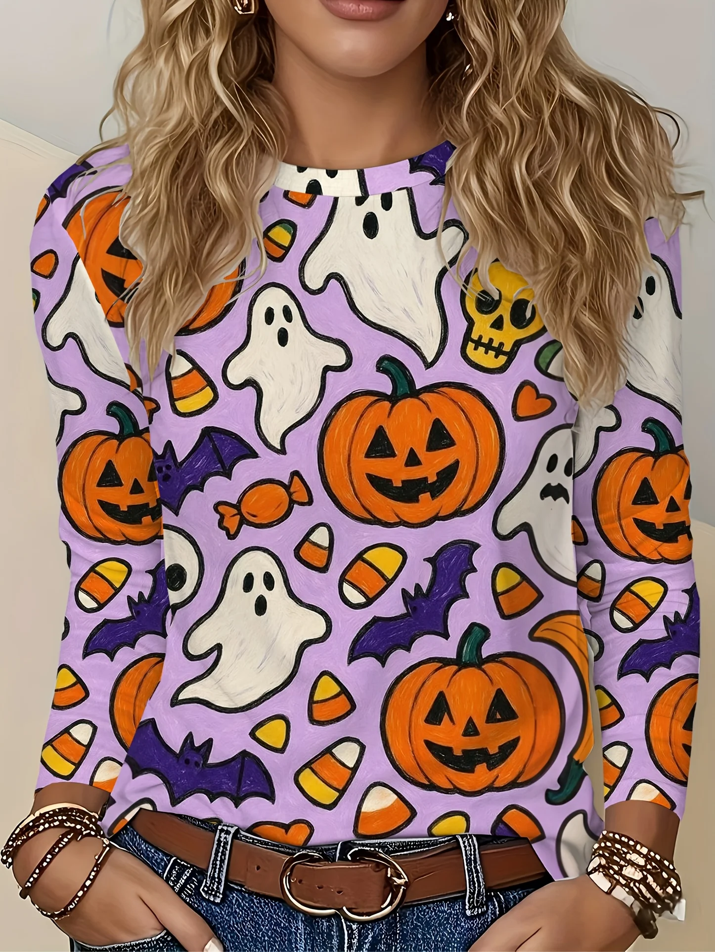 Women T‑Shirt Long Sleeve 3D Halloween Pumpkin Ghost Bat Candy Print Tees Female Wear O‑Neck Fashion Basic Top Women's Clothes