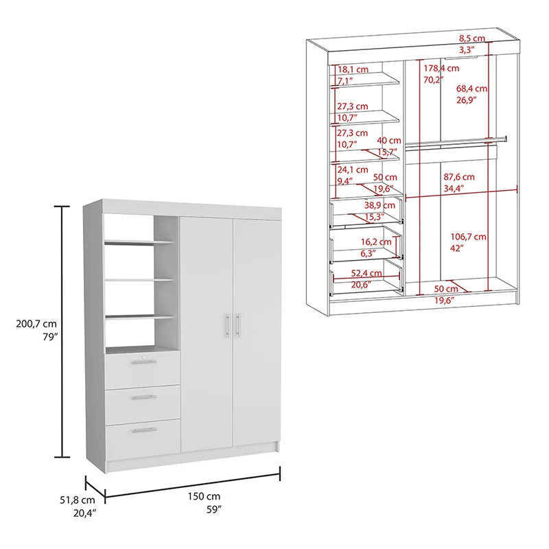 Kenya 3 Drawers Armoire, Double Door, 3-Tier Shelf -White