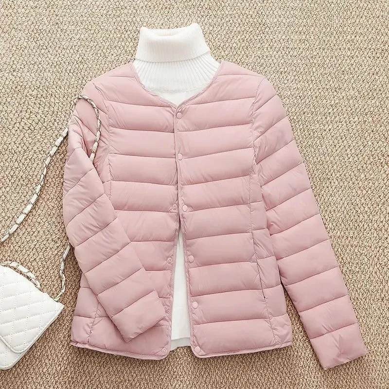 2024 jaqueta feminina casacos de inverno casual ultraleve sem gola casaco coreano portátil feminino acolchoado parkas o-pescoço puffer casaco