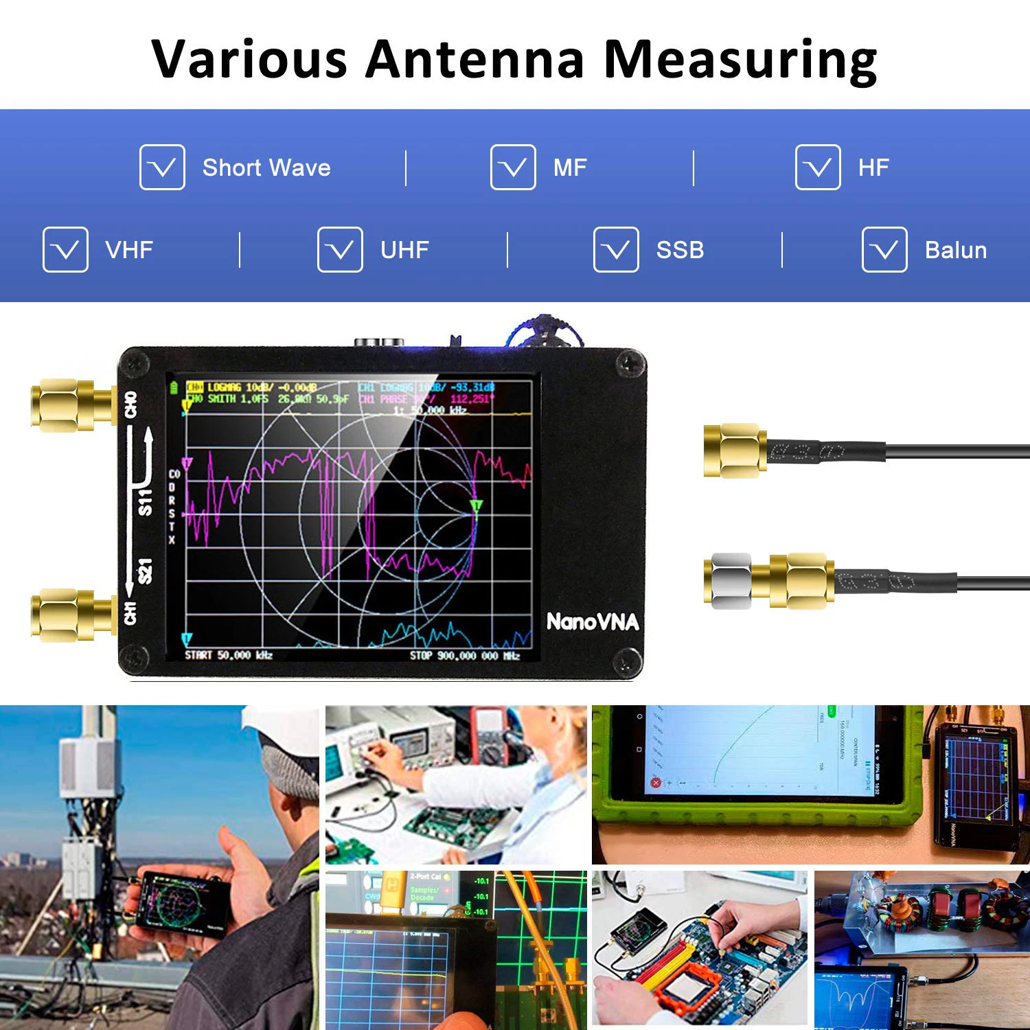 NanoVNA Upgrade Vector Network Analyzer 50kHz-1.5GHz Antenna Tester HF VHF UHF S11/S21 SWR Phase Delay Smith Chart TFT