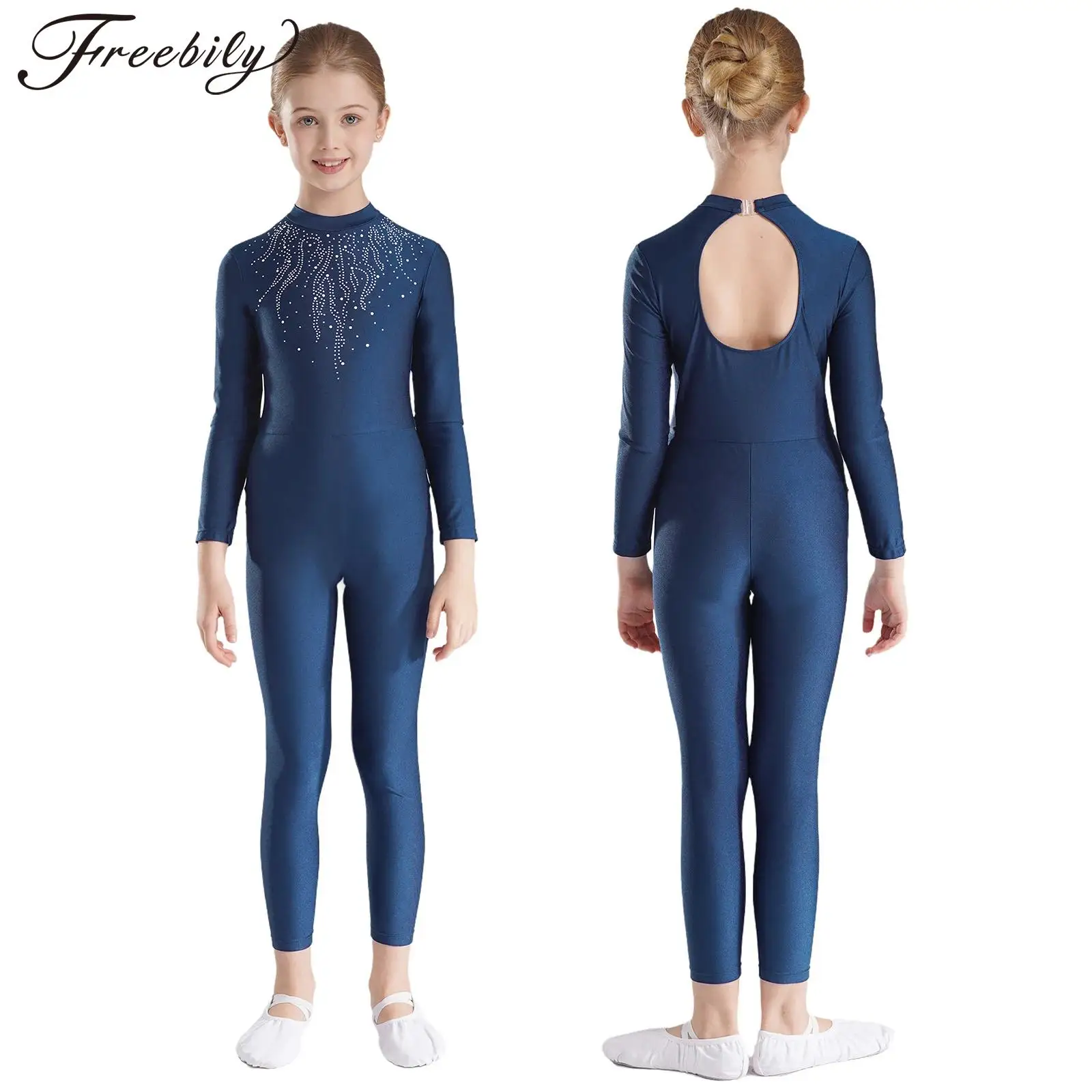女の子体操ダンスボディスーツ長袖ラインストーンレオタードユニタードヨガジムトレーニングフルボディスーツステージパフォーマンス用