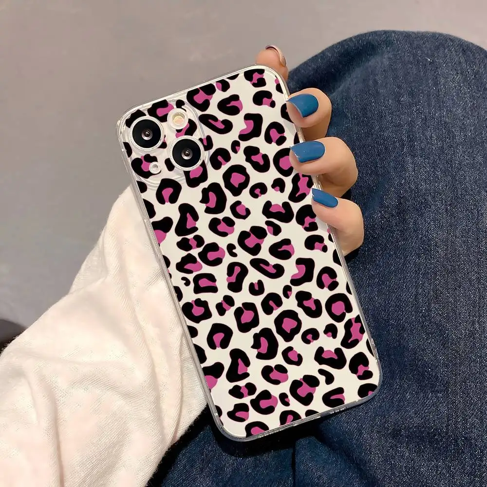 1pc Pink Leopard Print Phone Case Transparent For IPhone 17 16 15 14 13 12 11 PRO MAX PLUS Mini Soft Skin-friendly Cover